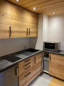 阿尔利河畔普拉兹Studio face aux pistes的厨房配有水槽和微波炉