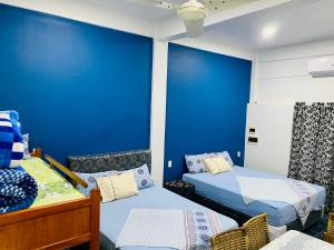 恩卡纳西翁SV Apart Hotel的一间设有两张床和蓝色墙壁的客房