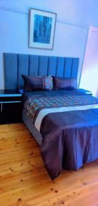彼得马里茨堡Pmb Guest House的一间卧室配有一张蓝色床头板的床