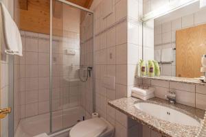菲施Aktiv- und Genusshotel Alpenblick的带淋浴、卫生间和盥洗盆的浴室