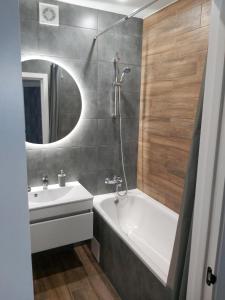 文尼察Люкс Апартаменты Gray Pearl на Подолье的浴室配有盥洗盆、浴缸和镜子