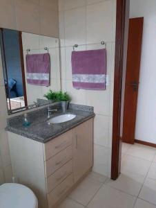 圣若阿金Apê aconchegante e quentinho em São Joaquim的一间带水槽、卫生间和镜子的浴室