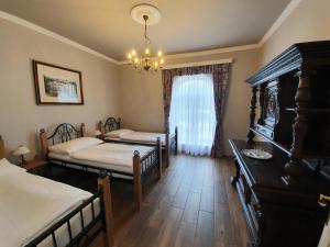 新比斯特日采派思拉可乐思妮酒店的一间卧室配有两张床和吊灯。