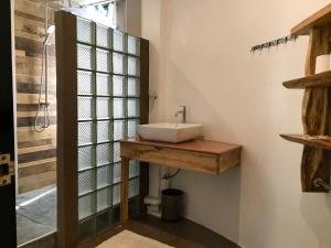 锡基霍尔E.I. SUITES的浴室设有淋浴旁的木制柜台上的水槽