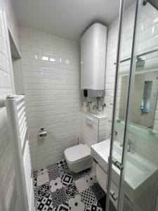 福纽德Lujza Apartman的白色的浴室设有水槽和卫生间。