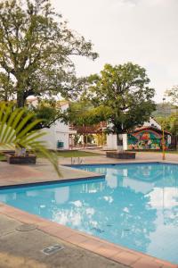 库库塔Hotel Faranda Bolivar Cucuta, a member of Radisson Individuals的树木繁茂的公园里的一个大型游泳池