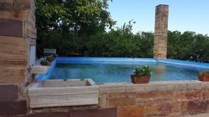 坎博斯Arhodico Simou mansion的砖墙中的游泳池,有两株盆栽植物