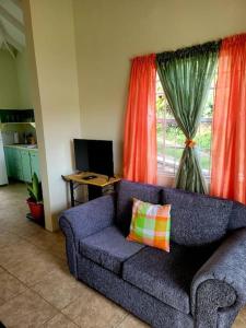 LaborieJuju's Cottage with magnificent views的客厅配有紫色沙发和窗户