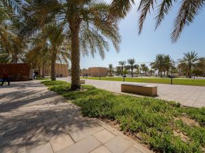 迪拜Heritage Home Guest House的棕榈树公园和人行道上的长凳