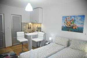 尼什Dekart 2 Apartment的带沙发的客厅和厨房
