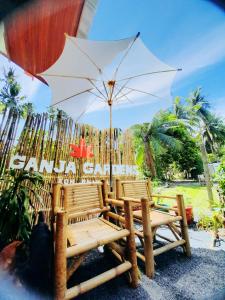Ban NuaGanja Gardens Camping的海滩上的一组椅子和一把遮阳伞