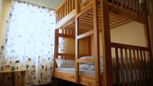 阿鲁沙Osotwa Maasai Hostel的配有窗帘的客房内的双层床