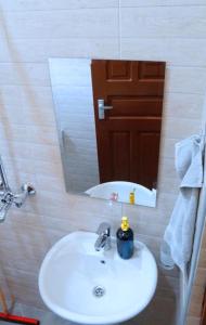 阿鲁沙Osotwa Maasai Hostel的浴室设有白色水槽和镜子
