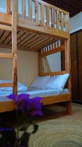 阿鲁沙Osotwa Maasai Hostel的紫色花房内的两张双层床