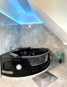 多特蒙德Phöenixpalace Whirlpool & Infarotsauna的一间位于客房内的带黑色浴缸的浴室