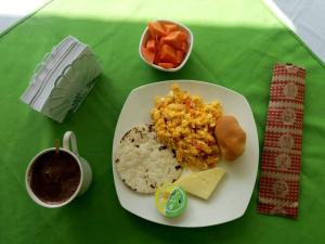萨兰托Hostal y Camping Los Girasoles的餐桌上放着一盘饭和蔬菜的食物