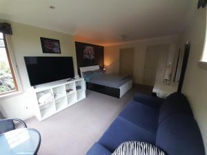 新普利茅斯Georges BnB Nature and Lifestyle Retreat的客厅配有蓝色的沙发和平面电视。