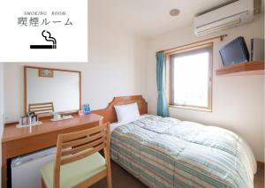 小松市Hyper Hotel Komatsu的一间卧室配有一张床、一张书桌和一个窗户。
