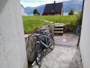 奥勒松Ålesund Apartment with free parking的停在大楼旁边的墙上的蓝色自行车