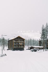 锡尔卡Tunturinlaita D3的覆盖着树木的雪地小木屋