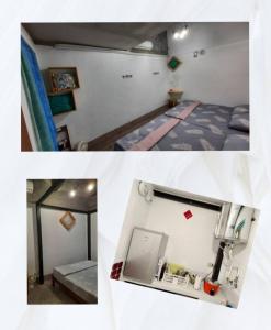 中坜馬村隱園-北部桃園包棟民宿的卧室两张照片,配有一张床和镜子