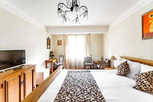 莫伊西德约斯图努尔酒店的一间卧室配有一张大床和电视