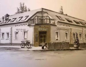 Gasthof Prinz的建筑物的画图,前面有一辆自行车