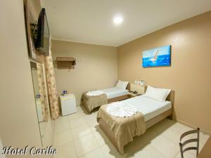 波多韦柳卡里布酒店的一间医院间 - 带两张床和电视