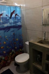 雅帕拉廷加Casa Recanto das Mangueiras Japaratinga - Alagoas的浴室设有卫生间和带海豚的浴帘。