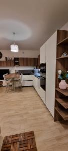 米兰La maison de Florina的厨房铺有木地板,配有白色橱柜。