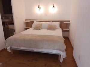 佩皮尼昂Studio mezzanine hyper centre, au pied du castillet的卧室配有一张带两个枕头的大白色床