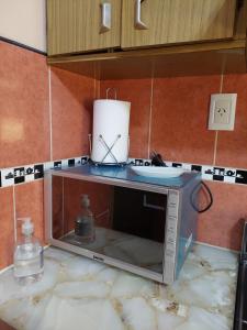 布兰卡港Departamento Luiggi con cochera的台面上的一个微波炉烤箱