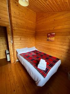戈尔韦Red Squirrel Lodge的木制客房内的一间卧室,配有一张床