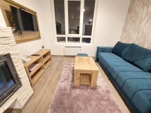 科帕奥尼克KATARINA - Lux two bedroom apartment in ski resort Kopaonik的客厅配有蓝色的沙发和茶几