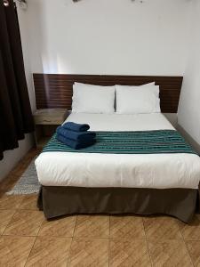 圣佩德罗·德·阿塔卡马Ckoinatur Hostel的一间卧室配有一张带蓝色毛巾的床