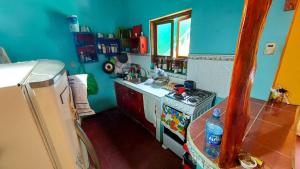 圣安娜Hostel ZwiebeL的小厨房配有炉灶和冰箱
