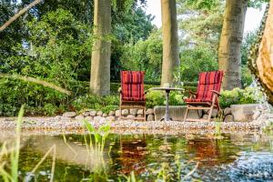 耶弗尔Parkhotel Jever的两个红色的椅子和一张池塘旁的桌子