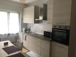 博尔扎诺Casa di Max - private room in apartment with shared bathroom FREE PARKING的厨房配有白色橱柜和黑微波炉