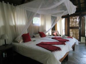 KongolaLianshulu BUSH Lodge的一间卧室配有两张带白色床单和红色枕头的床。