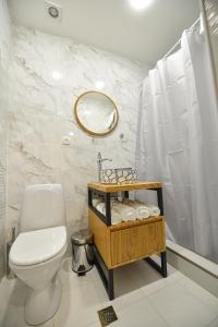 DebedMadin Eco Hotel的一间带卫生间、水槽和镜子的浴室