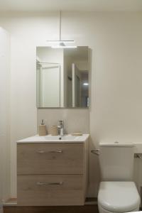 罗德兹Le Place Du Bourg Appartement T2 Centre Historique Rodez的一间带水槽、卫生间和镜子的浴室