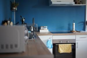 特鲁瓦Petit appartement cosy à Troyes的厨房配有炉灶和蓝色的墙壁