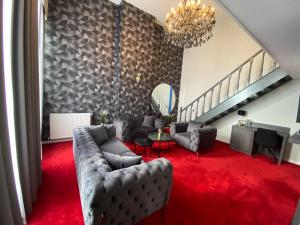 布鲁塞尔La Bourse Hotel的带沙发和红地毯的客厅