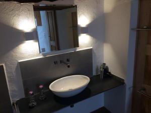 波斯基亚沃Charming 3½ room cottage in Valposchiavo的浴室设有水槽和镜子,位于柜台上