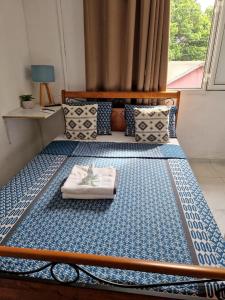 BouéniLa Vue De Haut- T3 avec vue imprenable sur la mer的一间卧室配有一张带蓝色和白色床垫的床。