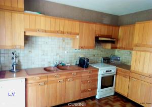 AulnatLA BOUVIERE的厨房配有木制橱柜、水槽和炉灶。
