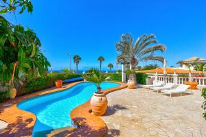 阿德耶Luxury villa El Duque Ocean View的院子里的游泳池,种植了盆栽植物
