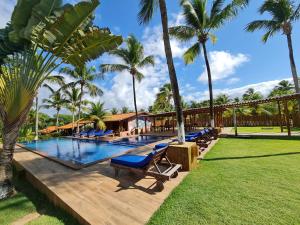 伊塔齐米林Pousada Praia das Ondas - Pé na areia的一个带躺椅和棕榈树的度假游泳池