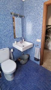 戈梅拉岛圣塞瓦斯蒂安Casa Doris的蓝色瓷砖浴室设有卫生间和水槽