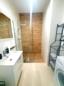 埃尔布隆格Apartament Amber Dwie Sypialnie Stare Miasto的带淋浴的浴室和木门